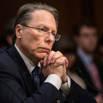 Wayne LaPierre, Chief Executive Officer of the National Rifle Association(NRA), listens during a hearing of the Senate Judiciary Committee on Capitol Hill January 30, 2013 in Washington, DC. The committee held the hearing with retired Astronaut Mark Kelly, husband of former Rep. Gabrielle Giffords, Wayne LaPierre, Chief Executive Officer of the National Rifle Association, and others to testify about solutions to gun violence in the United States. AFP PHOTO/Brendan SMIALOWSKI (Photo credit should read BRENDAN SMIALOWSKI/AFP/Getty Images)