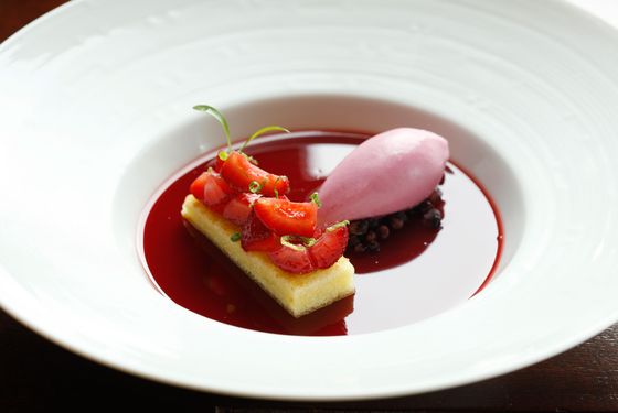 "Strawberries and Cream" vanilla custard, olive-oil cake, verjus sorbet.