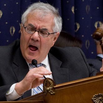 Chairman of the House Financial Services Committee Massachussetts Representative Barney Frank bangs his gavel during a hearing on the Lehman Brothers collapse with US Treasury Secretary Timothy Geithner, Chairman of the Federal Reserve Board Ben Bernanke and Securities and Exchange Commission (SEC) Chair Mary Schapiro on Capitol Hill in Washington, DC, April 20, 2010. AFP PHOTO / Saul LOEB (Photo credit should read SAUL LOEB/AFP/Getty Images)