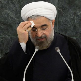 Iranian President Hassan Rouhani addresses the U.N. General Assembly on September 24, 2013 in New York City. Over 120 prime ministers, presidents and monarchs are gathering this week for the annual meeting at the temporary General Assembly Hall at the U.N. headquarters while the General Assembly Building is closed for renovations. 