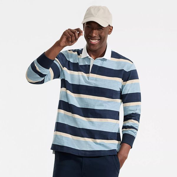 Lands' End Men's Long Sleeve Lightweight Slub Rugby Polo