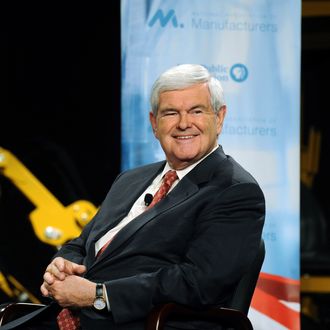 PELLA, IA - NOVEMBER 1: Former Speaker of the House and Republican presidential candidate Newt Gingrich smiles during a forum on manufacturing November 1, 2011 at Vermeer Manufacturing in Pella, Iowa. Five of the Republican candidates, excluding Herman Cain and former Massachusetts Gov. Mitt Romney who declined to come, are slated to appear at the forum. (Photo by Steve Pope/Getty Images)