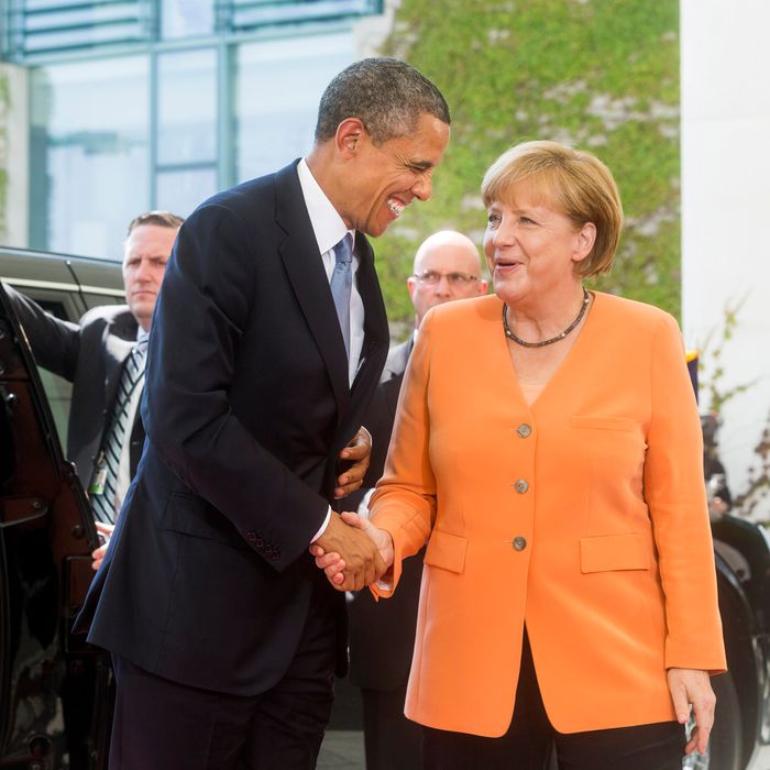 BERLIN, GERMANY - JUNE 19: U.S. President Barack Obama meets German Chancellor Angela Merkel for bilateral talks at the Chancellery on June 19, 2013 in Berlin, Germany. Obama is visiting Berlin for the first time during his presidency and his speech at the Brandenburg Gate is to be the highlight. Obama will be speaking close to the 50th anniversary of the historic speech by then U.S. President John F. Kennedy in Berlin in 1963, during which he proclaimed the famous sentence: Ich bin ein Berliner. (Photo by Jochen Zick - Pool /Getty Images)