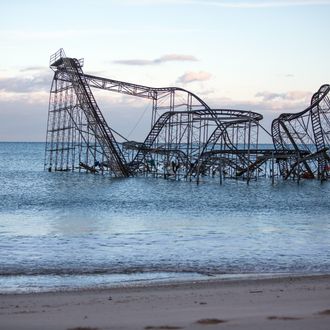 Seaside Heights, November 3, 2012, A roller coaster from the Seaside Amusement Park stands in the Atlantic Ocean after Hurricane Sandy destroyed the Seaside Heights boardwalk where it stood.