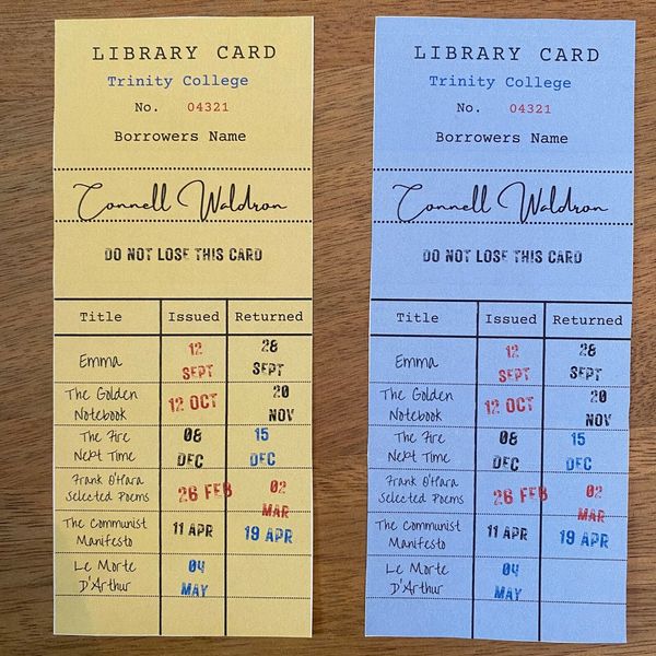 Normal People Bookmark – Connell's Trinity College Library Card