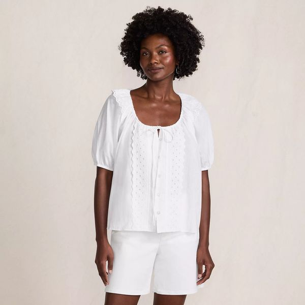 Lands' End Women's Voile Puff Elbow Sleeve Embroidered Blouse