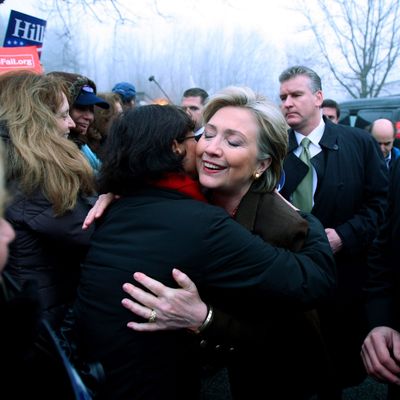 05 Feb 2008, Chappaqua, New York State, USA --- Democratic presidential candidate Senator Hillary Clinton (C) greets supporters in front of the Douglas Grafflin Elementary School after she voted in the New York State Democratic Primary in Chappaqua, New York. --- Image by ? Michael Nagle/epa/Corbis