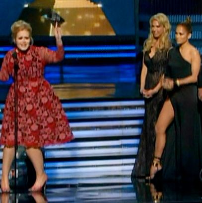 Here's Adele winning an award, because it's the Grammys. What award? It's hard to remember — all we heard was "Leg leg leg! J.Lo's leg. Lo. Leg. Leg! Thank you."