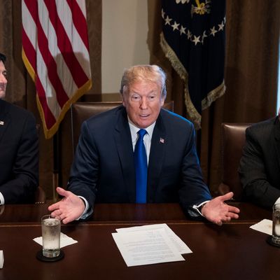 Flanked by Speaker of the House Paul Ryan and House Ways and Means Committee chairman Rep. Kevin Brady (R-TX), President Donald Trump speaks about tax reform legislation.
