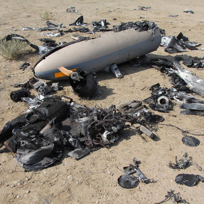 This undated photo released Monday, Aug. 25, 2014 by the Iranian Revolutionary Guards, purports to show the wreckage of an Israeli drone which Iran claims it shot down near an Iranian nuclear site. Iran's state TV on Monday broadcast footage purported to show the Israeli drone the country's Revolutionary Guard claimed to have shot down over the weekend near an Iranian nuclear site. The brief video, aired on the Arabic-language Al-Alam TV, shows what the channel says are parts of the drone, scattered in an unidentified desert area. (AP Photo/Sepahnews)