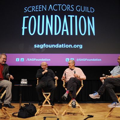 NEW YORK, NY - JULY 22: (L-R) David Edelstein, Wallace Shawn, Andrew Gregory and Jonathan Demme speak during the SAG Foundation Presents A Conversations With 