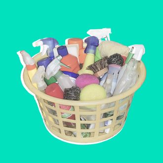 Cleaning products in laundry basket --- Image by ? Neville Mountford-Hoare/PhotoAlto/Corbis