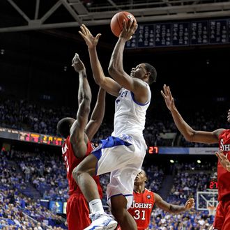 Terrence Jones # 3 of the Kentucky Wildcats shoots the ball while defended by God'sGift Achiuwa #3 of the St.John's Red Storm during the game at Rupp Arena on December 1, 2011 in Lexington, Kentucky. (Photo by Andy Lyons/Getty Images)