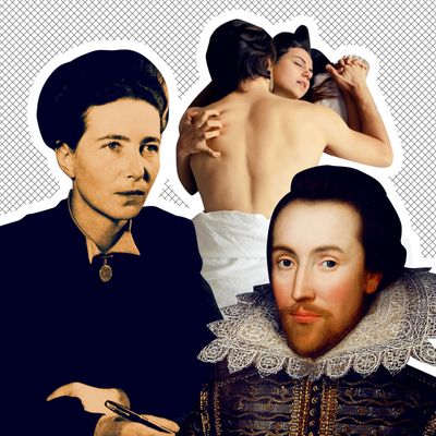 Left to right: Simone de Beauvoir, a couple enjoying the missionary position, William Shakespeare.