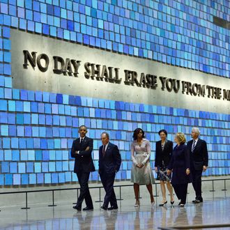 US President Barack Obama, former New York Mayor Michael Bloomberg, US First Lady Michelle Obama, former Secretary of State Hillary Clinton and former US President Bill Clinton tour the National September 11 Memorial & Museum on May 15, 2014 in New York. Obama inaugurated the museum commemorating the September 11, 2001 terrorist attacks. AFP PHOTO/Jewel Samad (Photo credit should read JEWEL SAMAD/AFP/Getty Images)