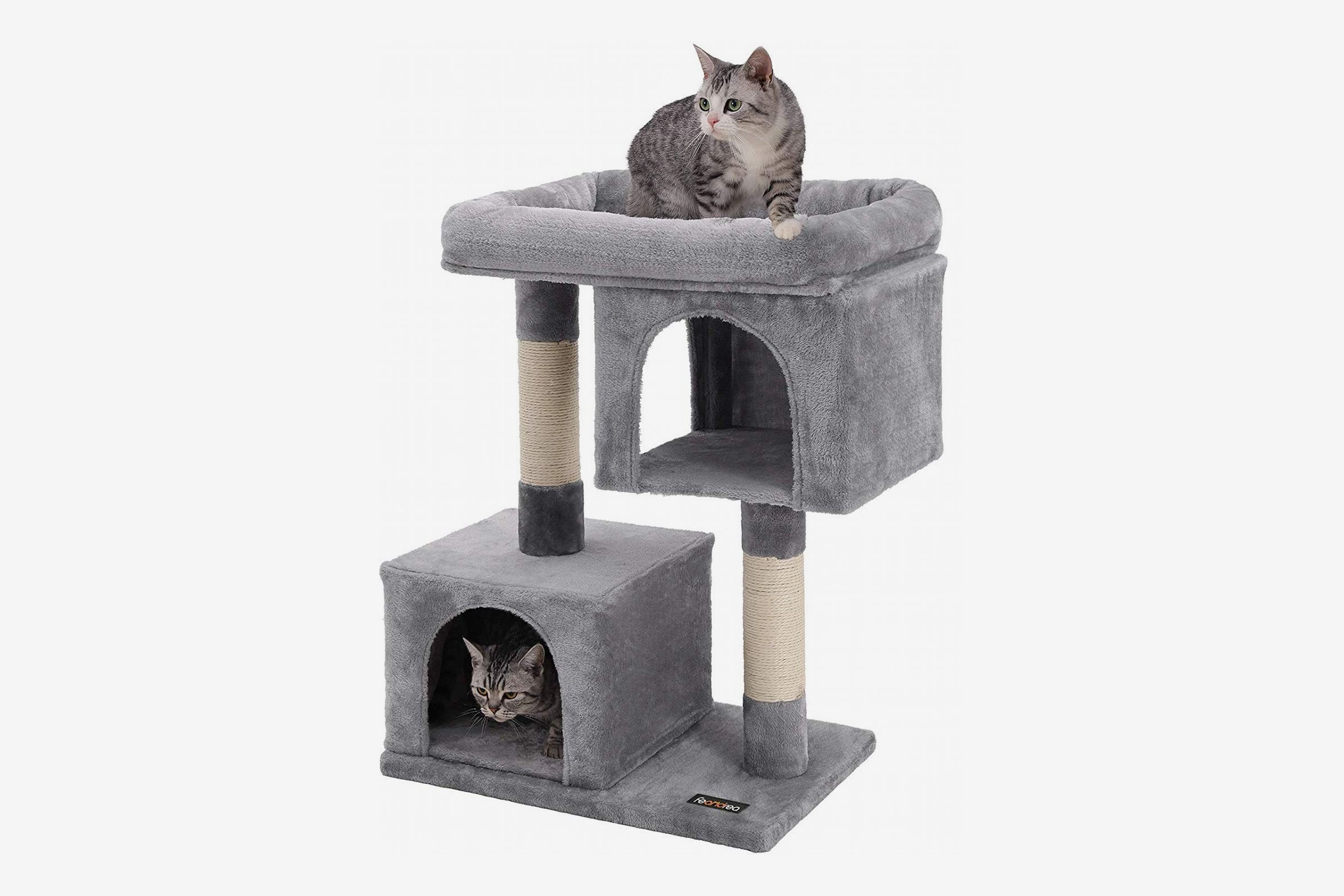 Cat Ottoman SANDAI Large Foldable Sisal Cat Cube House with Reversible Cushion Two-Story Cat Condo Cat Hiding Place Grey Cat Cave Indoor Cat House Cat Bedroom 