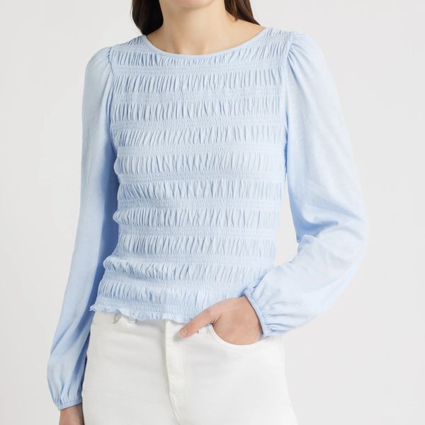 Madewell Smocked Boat Neck Long Sleeve Cotton Top