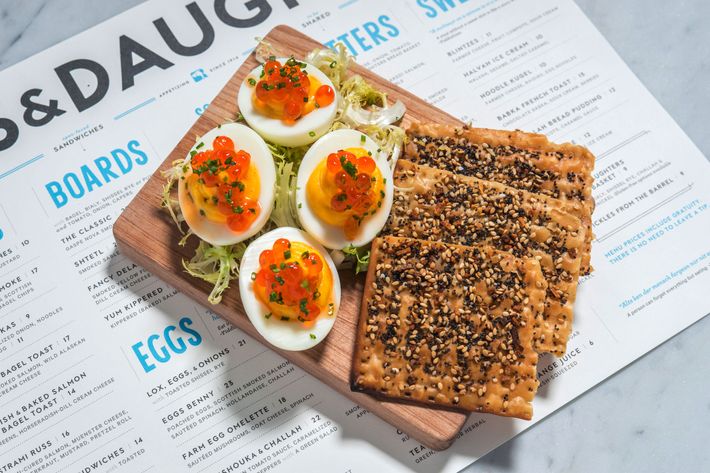 Deviled eggs with wild Alaskan salmon roe &#8212; served with everything matzo.