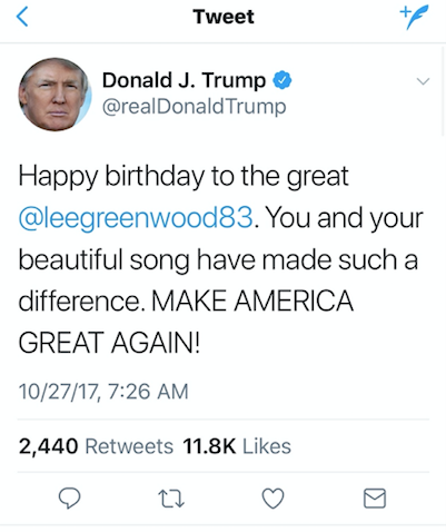 Trump Tweets Happy Birthday at Wrong Lee Greenwood