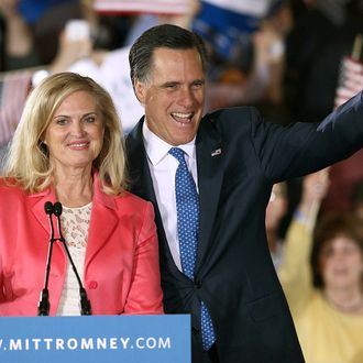 BOSTON, MA - MARCH 06: Republican presidential candidate, former Massachusetts Gov. Mitt Romney and his wife Ann Romney take the stage for a Super Tuesday event at the Westin Copley Place March 6, 2012 in Boston, Massachusetts. Super Tuesday could play a vital role in the nomination of the Republican candidate as ten states hold their primaries or caucuses on the same day. (Photo by Win McNamee/Getty Images)