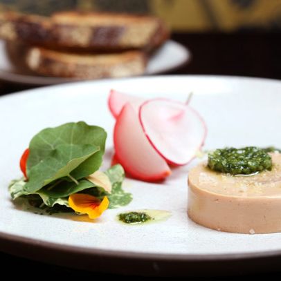 torchon with tete de cochon, radishes, and nasturtium