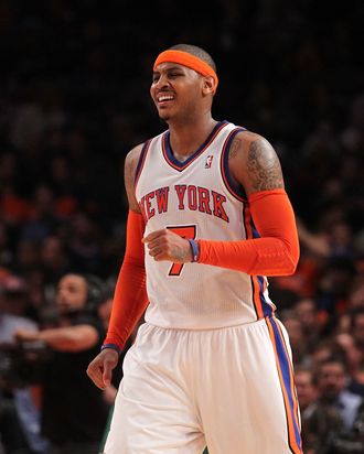 NEW YORK, NY - APRIL 22: Carmelo Anthony #7 of the New York Knicks reacts against the Boston Celtics in Game Three of the Eastern Conference Quarterfinals in the 2011 NBA Playoffs on April 22, 2011 at Madison Square Garden in New York City. The Celtics won 1113-96. NOTE TO USER: User expressly acknowledges and agrees that, by downloading and or using this photograph, User is consenting to the terms and conditions of the Getty Images License Agreement. (Photo by Nick Laham/Getty Images)