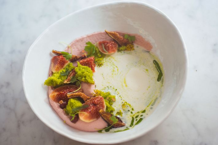 Figs with angelica and oat-walnut milk.