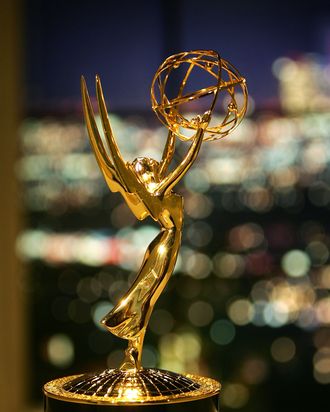 An Emmy statuette is seen in the Architectural Digest Greenroom, where celebrities will wait to go onstage during the 57th Annual Primetime Emmy Awards show at the Shrine Auditorium, on September 15, 2005 in Los Angles, California. The Emmys will take place on September 18. (Photo by David McNew/Getty Images)