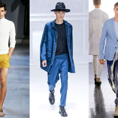 From left: new menswear looks from Hermès, Dior Homme, and Cerruti.