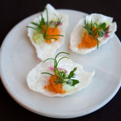 Puffed rice with trout roe.