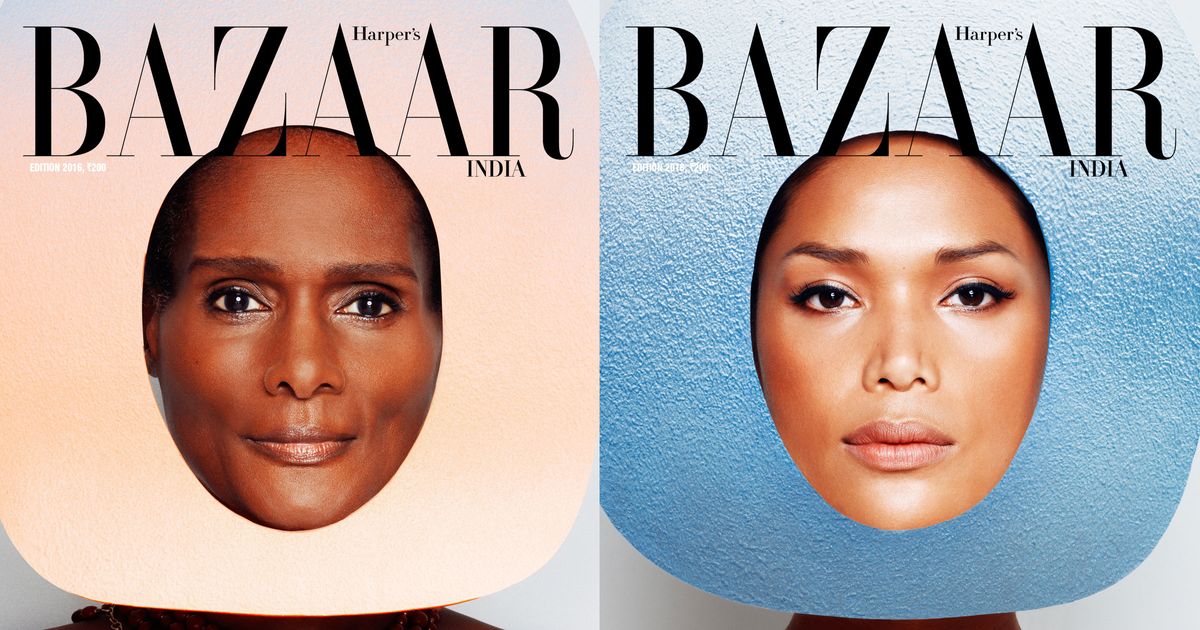 Side-by-side images of two Harper’s Bazaar India covers from the 'Nine Wonders of the World' series. On the left, pioneering Black transgender model Tracey Africa Norman is framed within a soft, peach-colored rounded square headpiece. On the right, Filipino-American model and advocate Geena Rocero is framed by a similar headpiece in a textured, light-blue finish. Both women look directly at the camera with serene expressions, their faces presented like digital app icons beneath the bold, black 'BAZAAR' masthead.