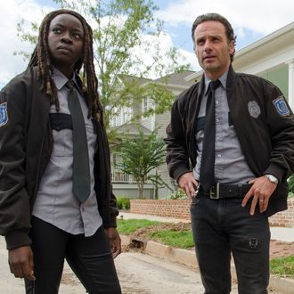 Danai Gurira as Michonne and Andrew Lincoln as Rick Grimes - The Walking Dead _ Season 5, Episode 13 - Photo Credit: Gene Page/AMC