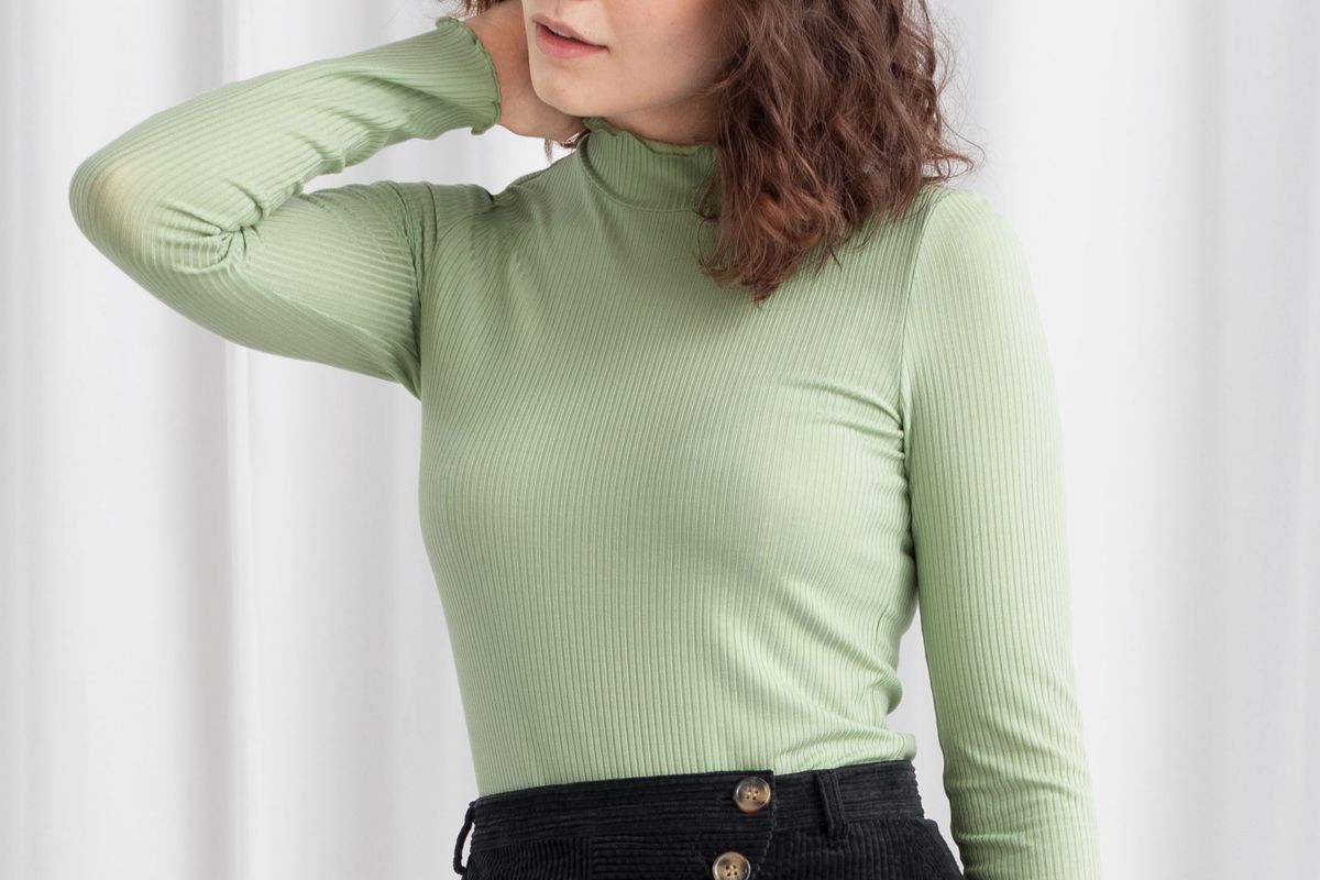 Womens Turtleneck Buttons Ruffle Sweater Ladies Long Sleeve Rib Slim Blouse Tops
