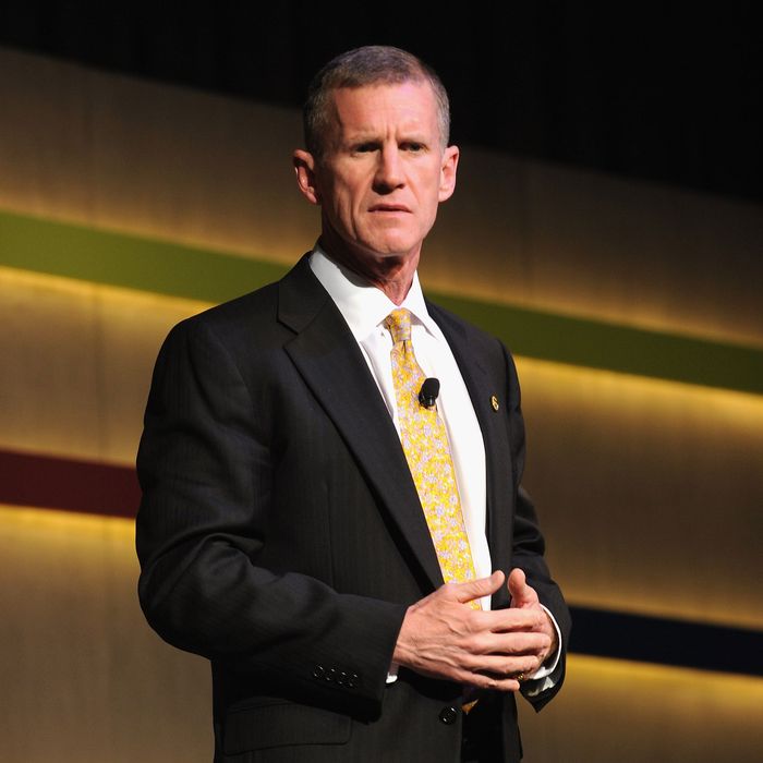 General Stanley McChrystal speaks at the Robin Hood Veterans Summit at Intrepid Sea-Air-Space Museum on May 7, 2012 in New York City. 