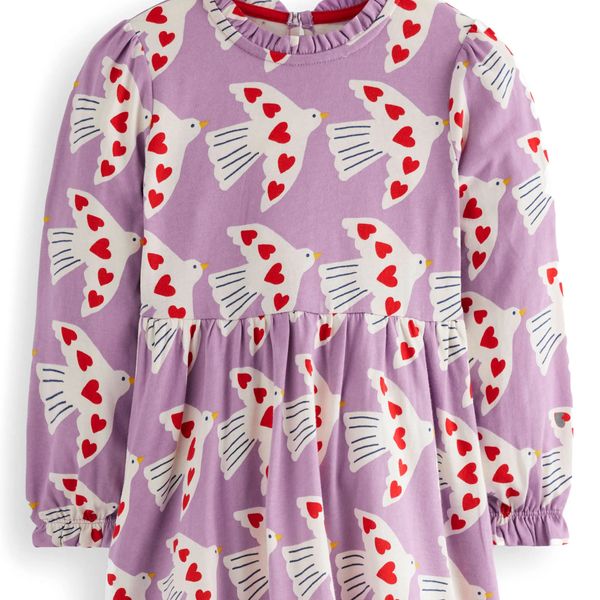 Mini Boden Kids' Love Birds Print Long Sleeve Cotton Jersey Dress
