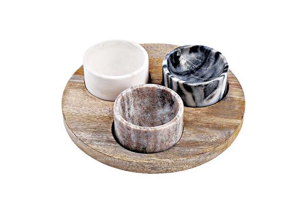 Artisanal Kitchen Supply Marble and Wood Pinch Bowl Set