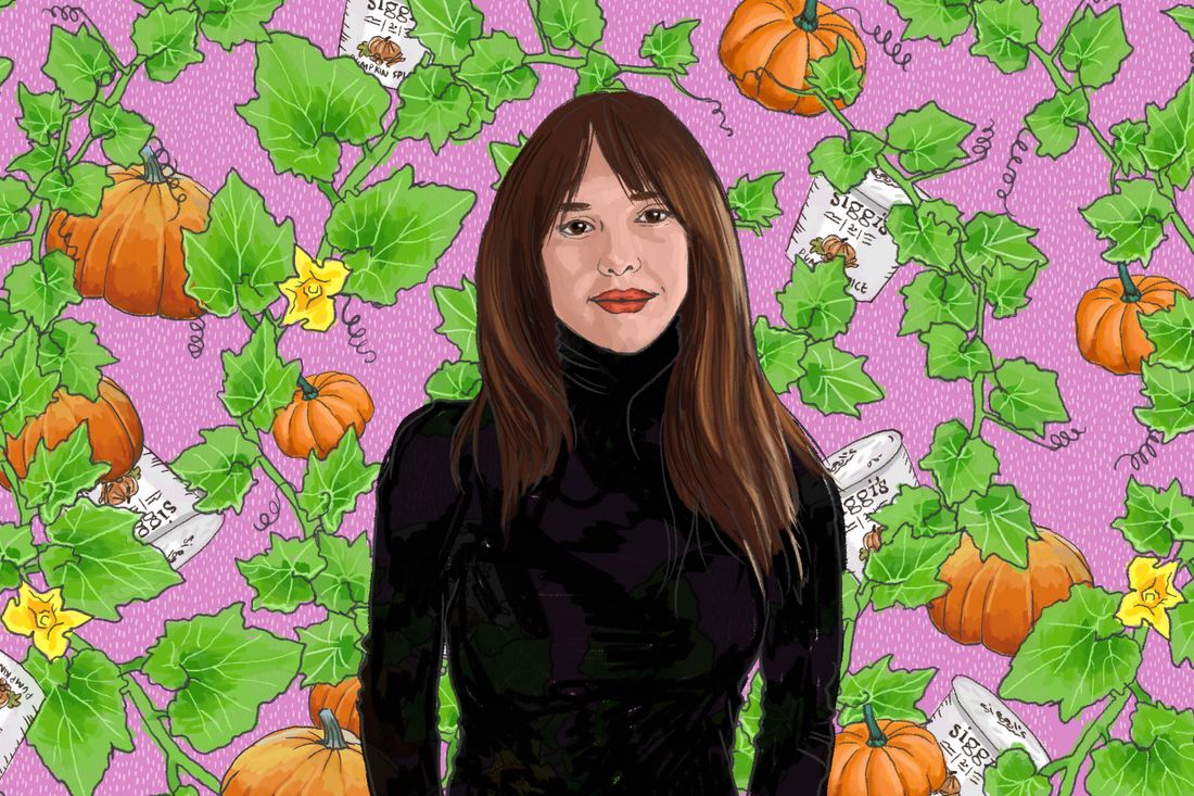 An illustrated portrait of a brunette in a black turtleneck against a background of pumpkins and cups of Siggi's yogurt.