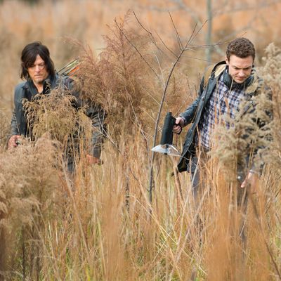 Norman Reedus as Daryl Dixon and Ross Marquand as Aaron - The Walking Dead _ Season 5, Episode 16 - Photo Credit: Gene Page/AMC