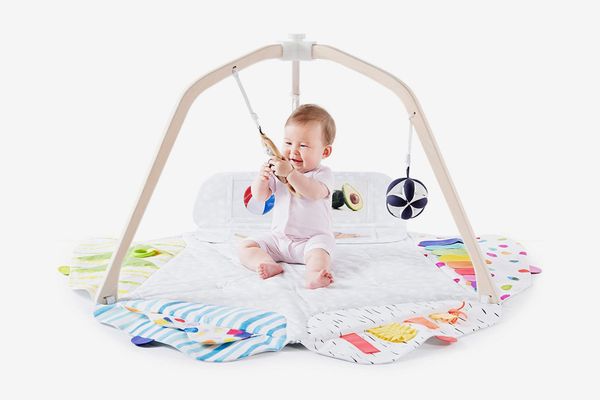 Wooden Baby Gym with 4 Wooden Baby Sensory Toys Foldable Baby Games Fitness Rack Activity Gymnasium is A Newborn Gift for Baby Boys and Girls 