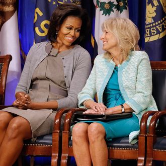 U.S. first lady Michelle Obama (L) and Dr. Jill Biden attend an event to announce a new report regarding military spouse employment at the Pentagon February 15, 2012 in Arlington, Virginia. The report, 