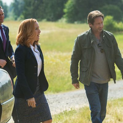 THE X-FILES: L-R: Guest star Joel McHale, Gillian Anderson and David Duchovny. The next mind-bending chapter of THE X-FILES debuts with a special two-night event beginning Sunday, Jan. 24 (10:00-11:00 PM ET/7:00-8:00 PM PT), following the NFC CHAMPIONSHIP GAME, and continuing with its time period premiere on Monday, Jan. 25 (8:00-9:00 PM ET/PT). The thrilling, six-episode event series, helmed by creator/executive producer Chris Carter and starring David Duchovny and Gillian Anderson as FBI Agents FOX MULDER and DANA SCULLY, marks the momentous return of the Emmy Award- and Golden Globe-winning pop culture phenomenon, which remains one of the longest-running sci-fi series in network television history. ©2015 Fox Broadcasting Co. Cr: Ed Araquel/FOX