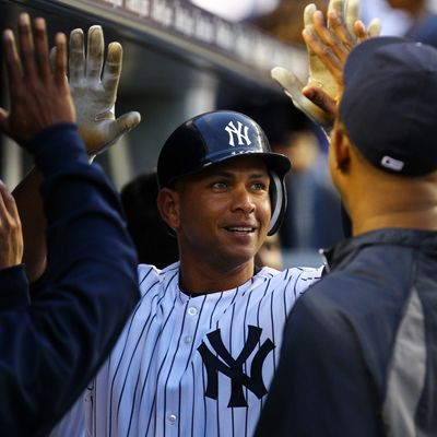 Alex Rodriguez #13 of the New York Yankees celebrates hit second home run against the Kansas City Royals during their game on May 23, 2012 at Yankee Stadium in the Bronx borough of New York City. 