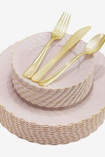 YOUBET 125Pieces Pink Plastic Plates with Gold Rim-Gold Plastic Silverware