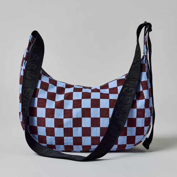 Baggu Medium Nylon Crescent Bag - Brown + Blue Check