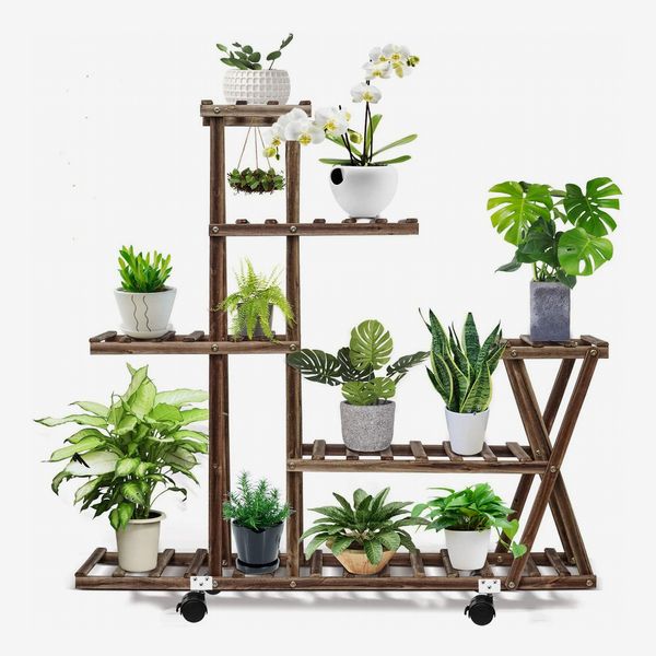 Gray Pot & Plant Not Included Mid Century Wood Plant Stand Tall 30inch with Three Shelfs Holder Indoor and Outdoor 3 Tier Plant Stand 