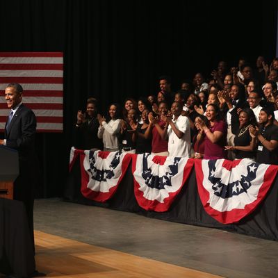U.S. President Barack Obama speaks during a visit to Bladensburg High School April 7, 2014 in Bladensburg, Maryland. 