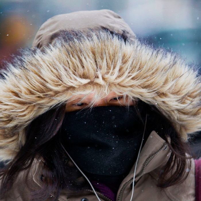 A pedestrian covers her face to keep warm in New York, U.S., on Friday, Jan. 3, 2014. Wind-driven snow whipped through New Yorks streets and piled up in Boston as a fast-moving storm brought near-blizzard conditions to parts of the Northeast, closing roads, grounding flights and shutting schools. Photographer: Jin Lee/Bloomberg via Getty Images