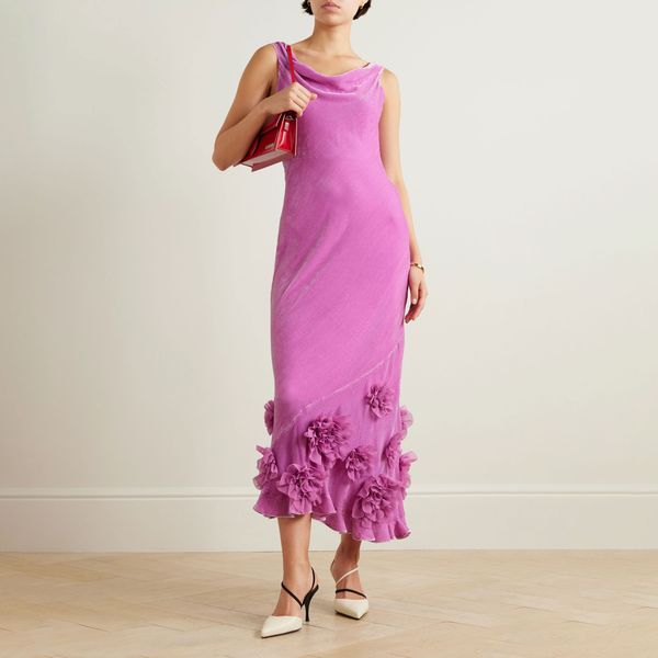 Saloni Asher Draped Appliquéd Velvet Midi Dress