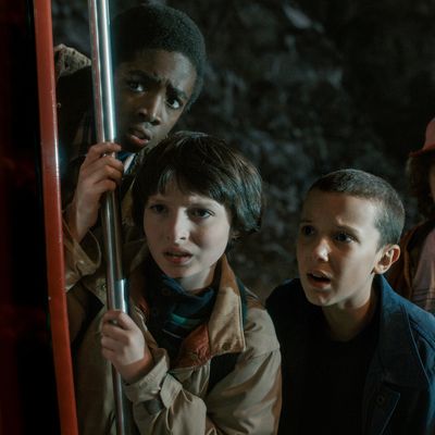 Caleb McLaughlin as Lucas, Finn Wolfhard as Mike, Millie Bobby Brown as Elle, Gaten Matarazzo as Dustin.