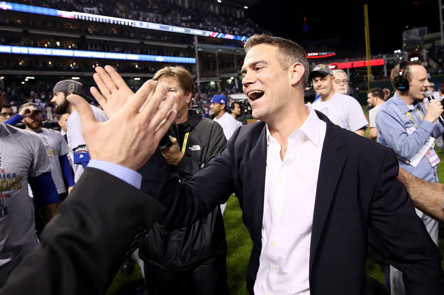 WATCH: Theo Epstein purposely throws pitch at Cubs mascot Clark 